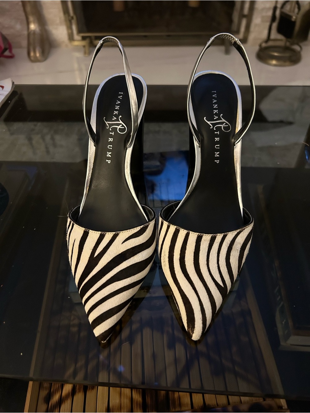 Ivanka Trump Black & White Zebra-Print Pointed Slingback Mules